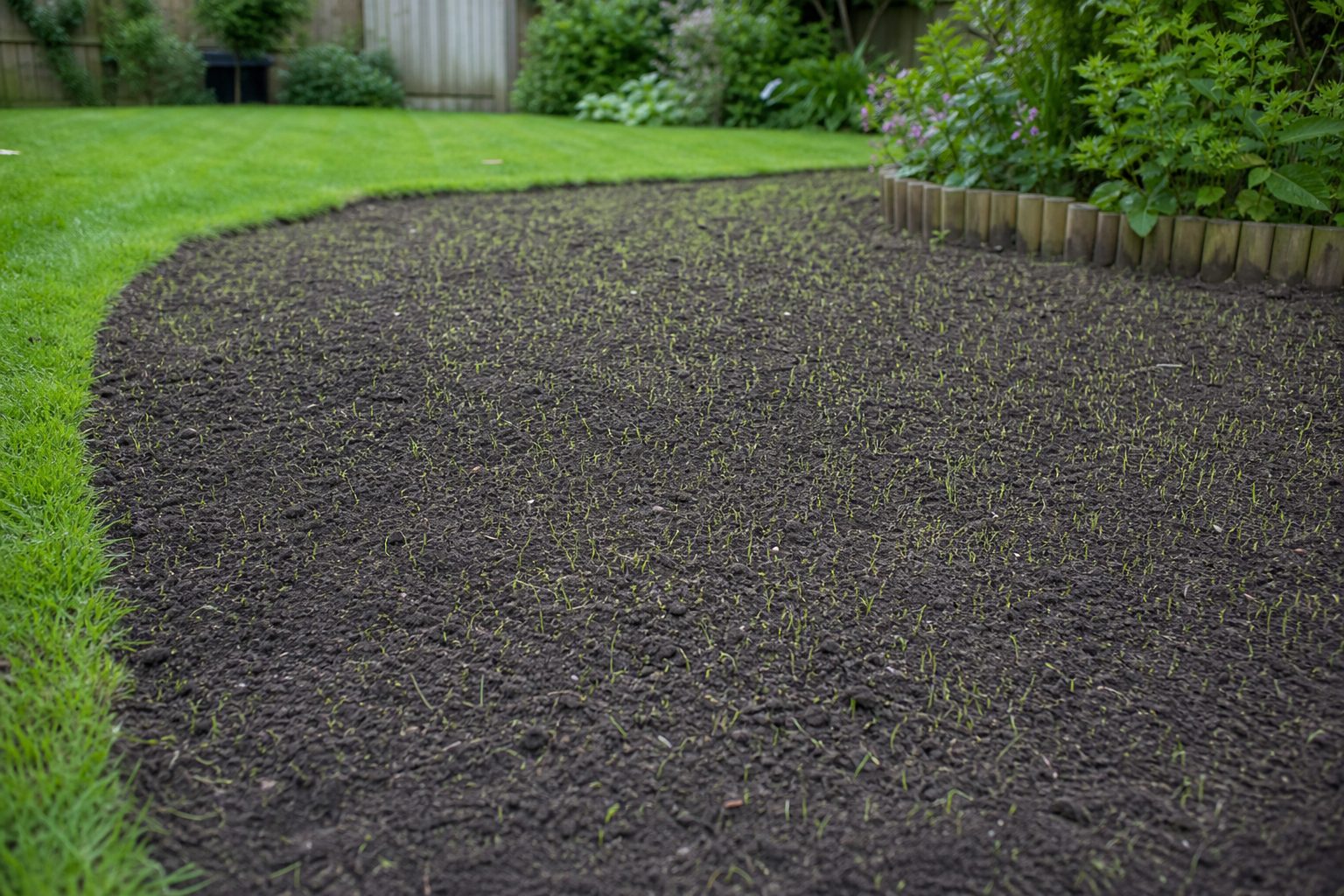 Grass seedlings germinating on a freshly prepared soil patch beside an established lawn